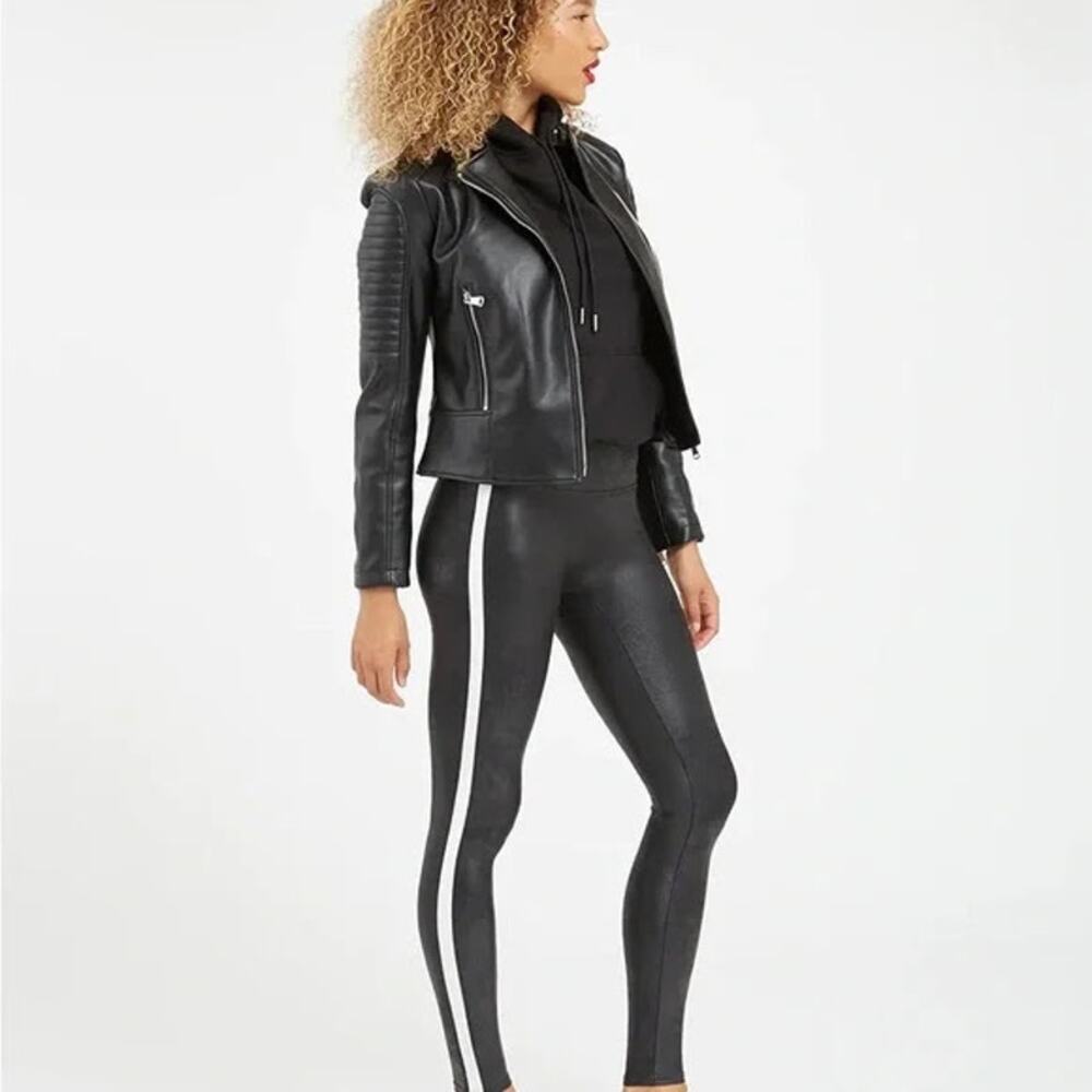 Spanx Faux‎ Leather Side Stripe Leggings Black with White Stripe - Size S